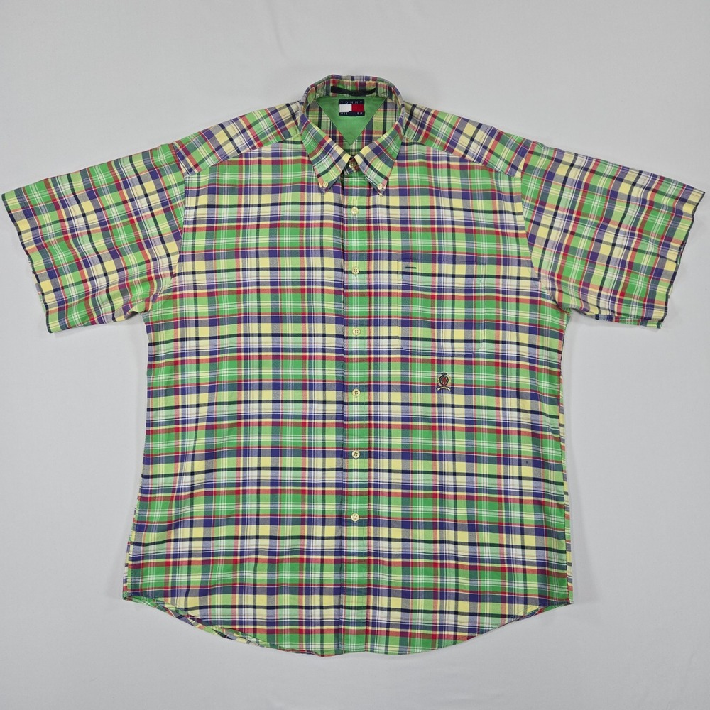 Vintage Tommy Hilfiger Shirt Mens L Green Red Blue Plaid Crest Logo Preppy Y2K